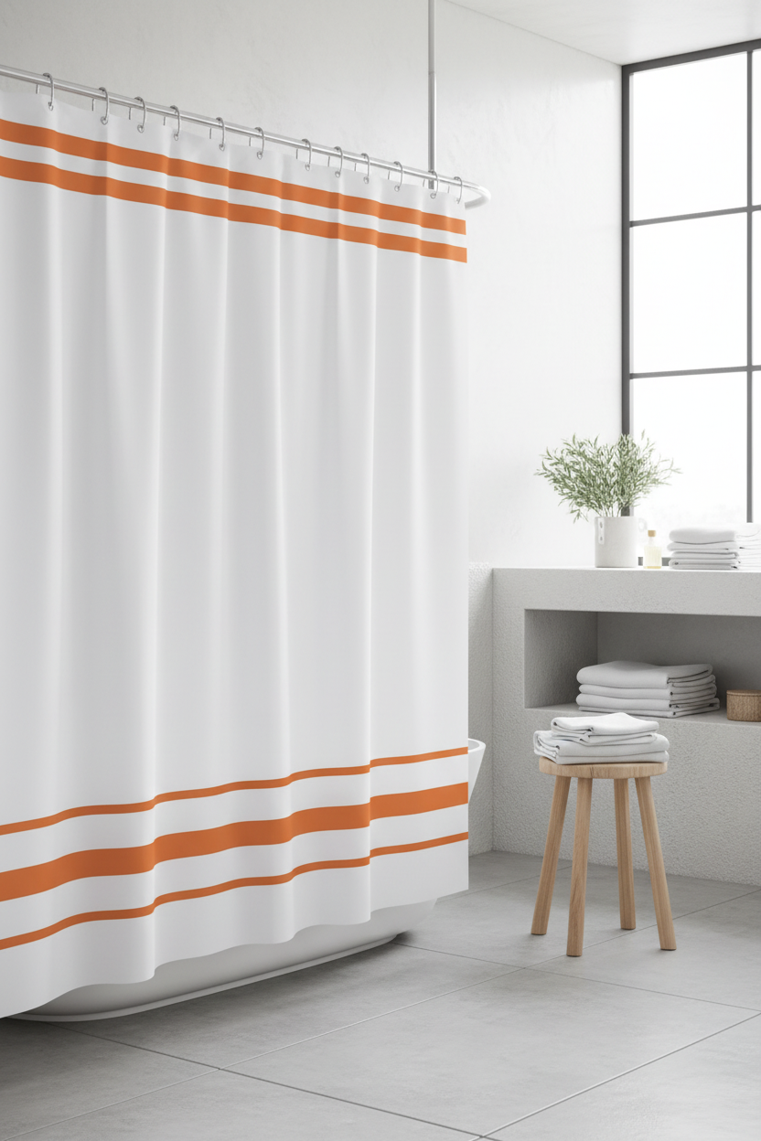 White shower curtain with orange border stripes in a bright airy spa bathroom with large window and freestanding bath