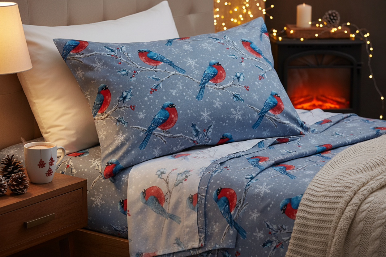 Christmas Snowy Bluebirds sheet set — pillowcase close-up