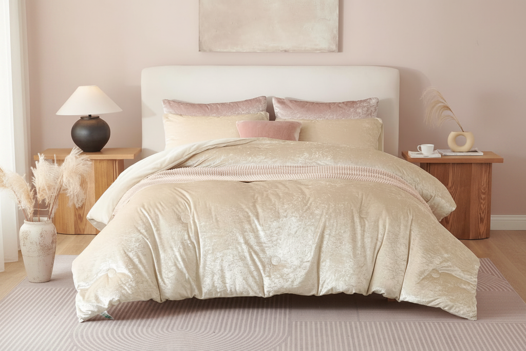 Luxury champagne crushed velvet comforter set on a bed, editorial bedroom lifestyle shot