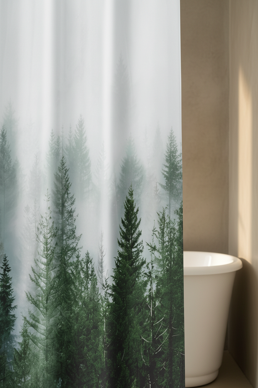 Close-up of misty forest shower curtain showing vivid pine tree and fog print detail