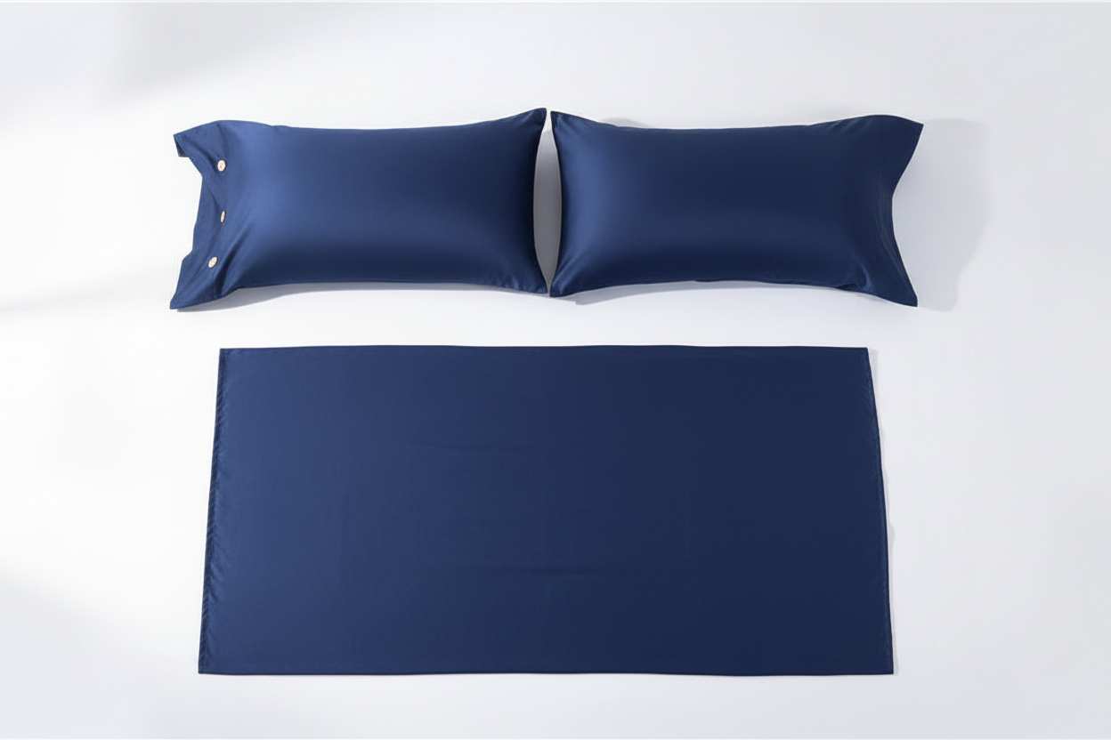 Navy blue cotton satin flat sheet and pillowcases flat lay
