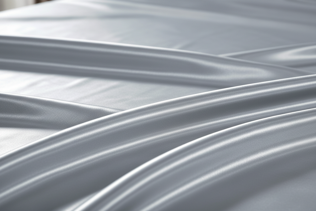 Light grey satin sheet fabric close-up texture