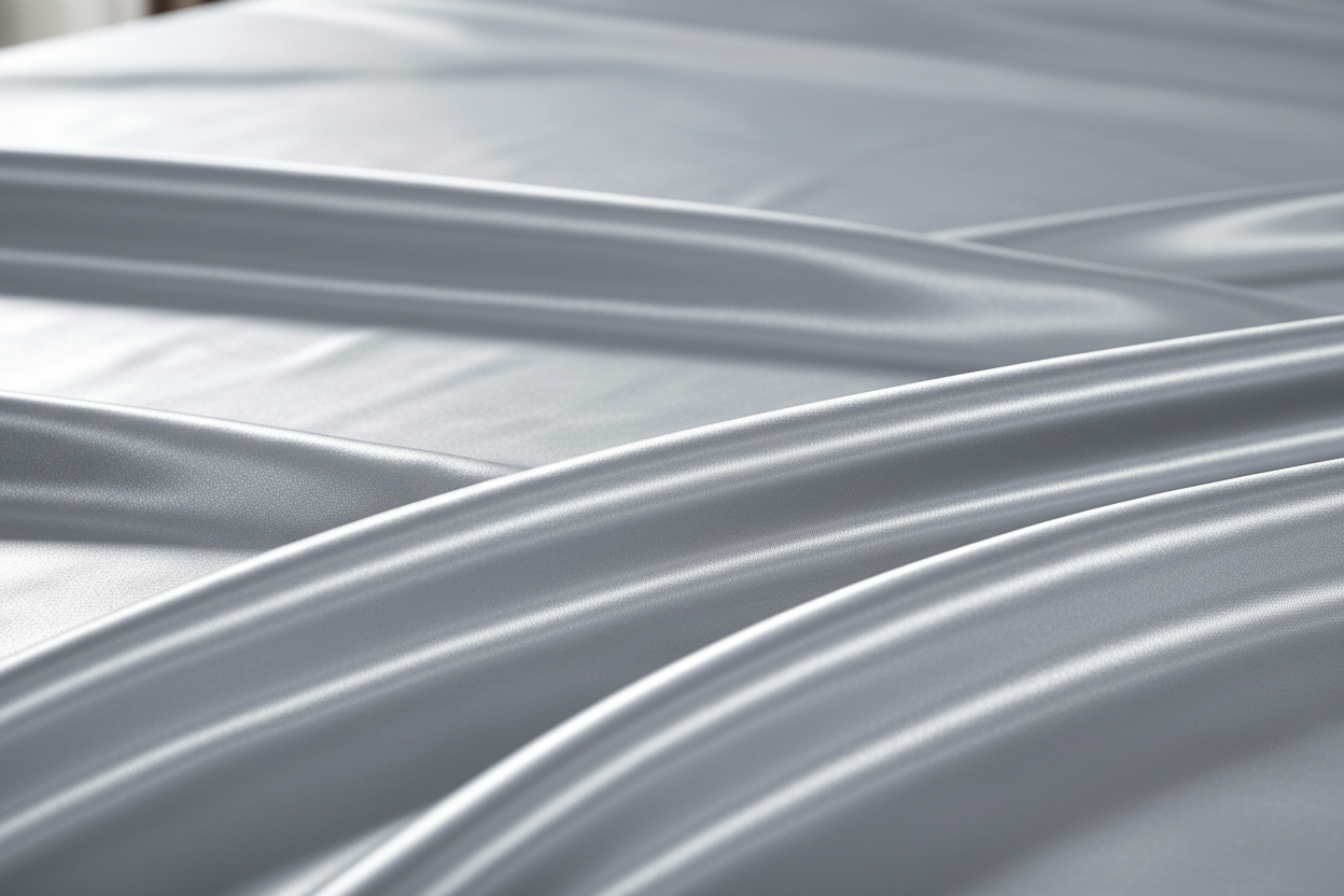 Light grey satin sheet fabric close-up texture