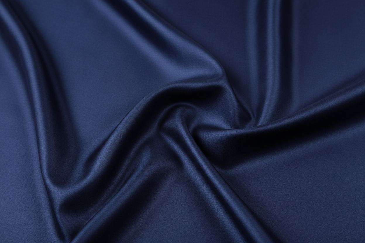 Close-up of navy blue Egyptian cotton sateen fabric texture and silky sheen