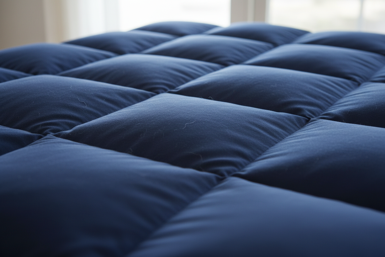 Close-up detail of navy blue down-alternative comforter showing fluffy microfibre shell and plush loft