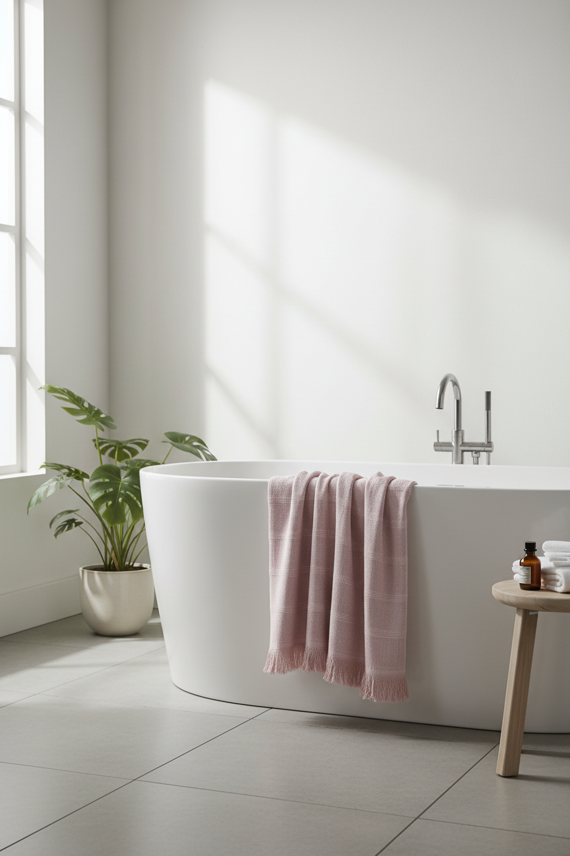 Dusty rose flat-woven Turkish hammam towel with eyelash fringe draped over a freestanding white bathtub in a minimal spa bathroom