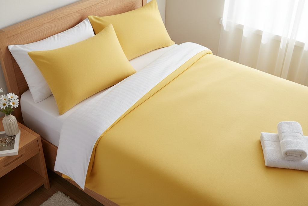 Mellow yellow brushed microfiber single sheet set flat lay on single bed