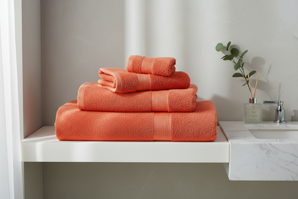 Four tiger lily orange cotton bath towels folded and stacked on bathroom shelf
