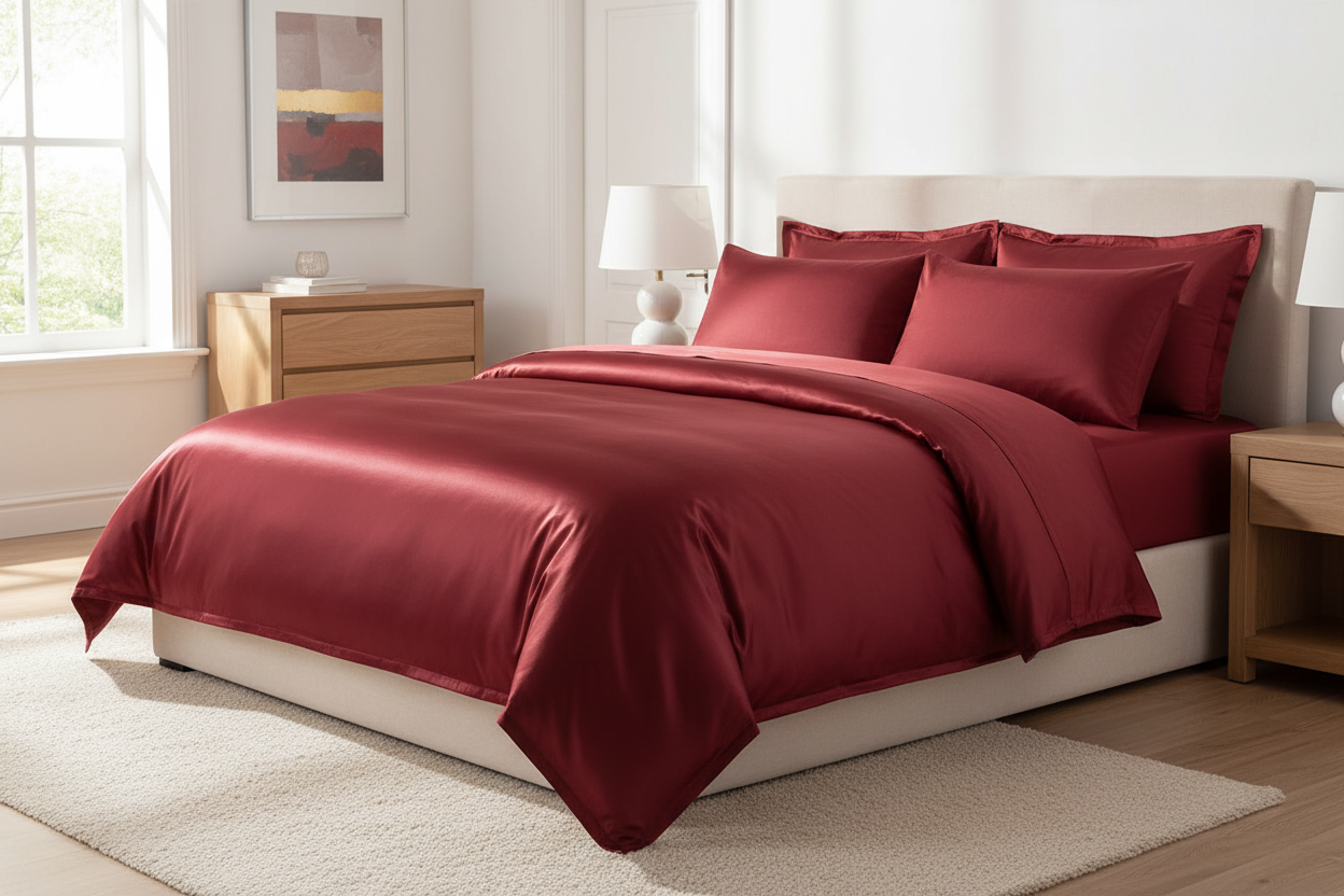 Side angle view of bed dressed in red satin comforter set in a bright minimal bedroom