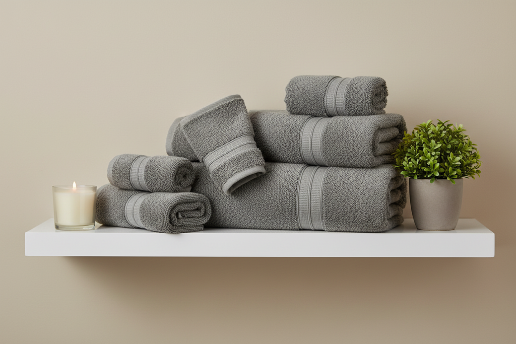 Grey Turkish cotton towel set folded on a white bathroom shelf with candle and plant