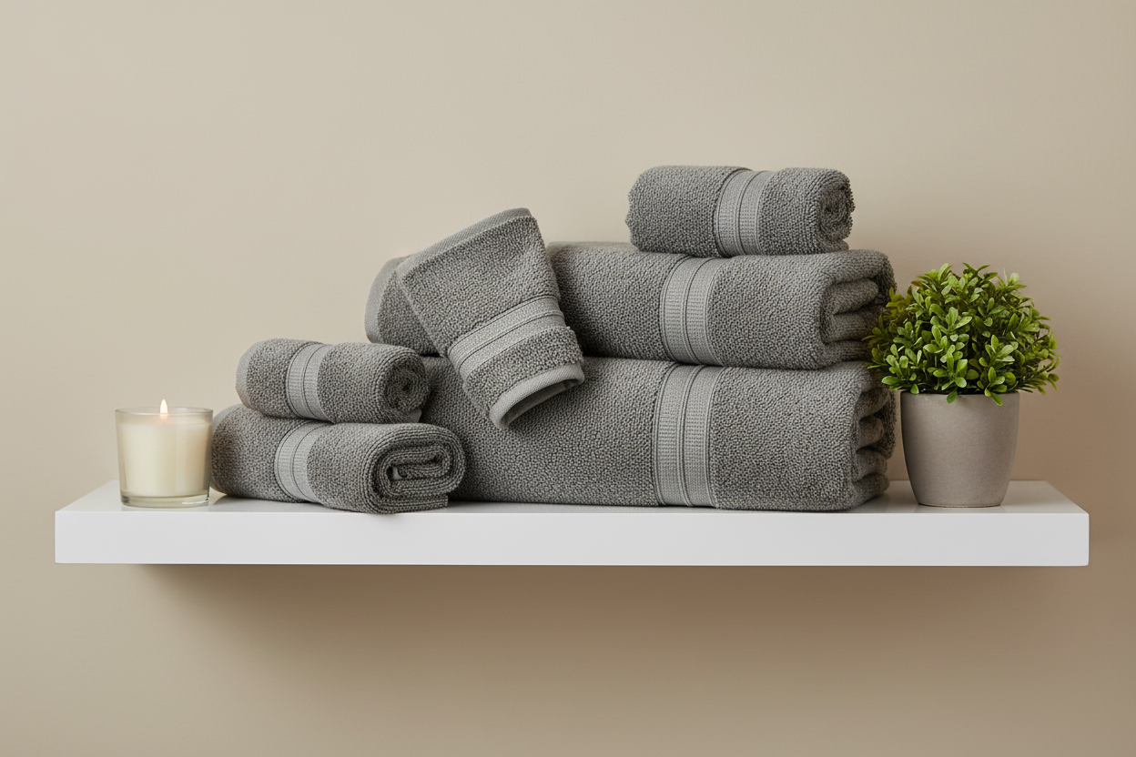 Grey Turkish cotton towel set folded on a white bathroom shelf with candle and plant