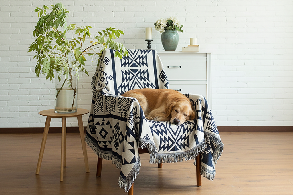 Dawn Nordic Knitted Throw Blanket draped over an armchair in a Scandinavian living room