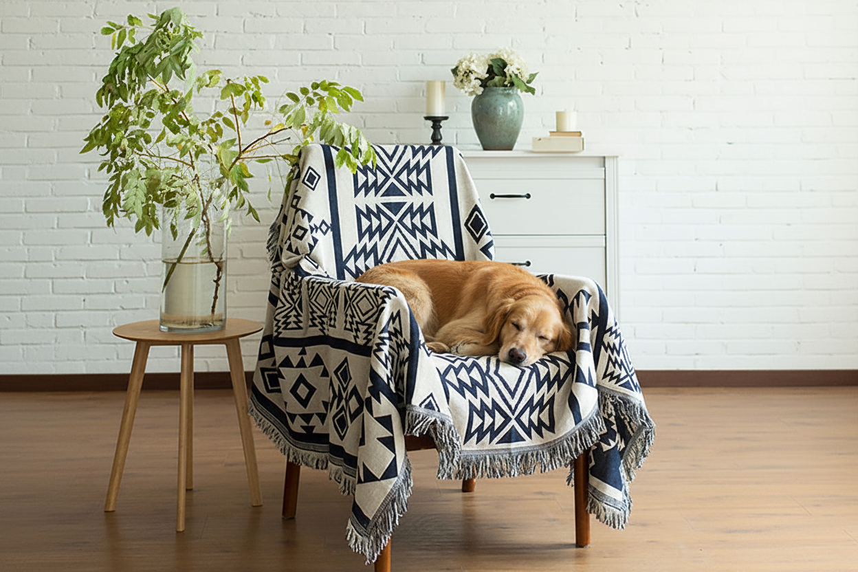 Dawn Nordic Knitted Throw Blanket draped over an armchair in a Scandinavian living room