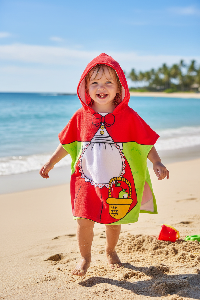 Little Red Riding Hood kids hooded poncho towel - toddler girl on sandy beach post-swim