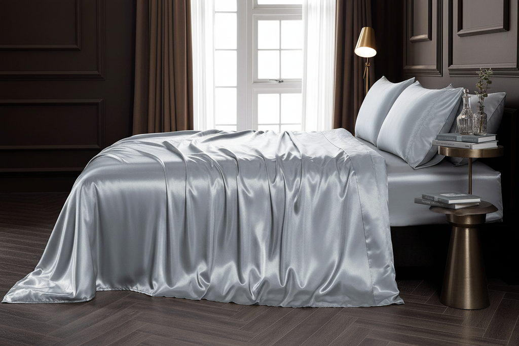 Light grey satin sheet set - side profile