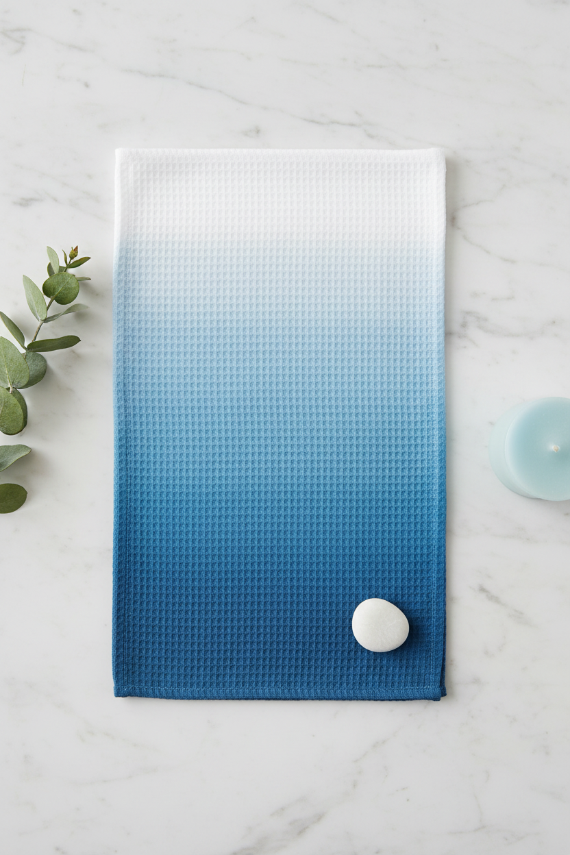 Flat lay of blue ombre waffle weave fabric with eucalyptus, blue candle and pebble on marble