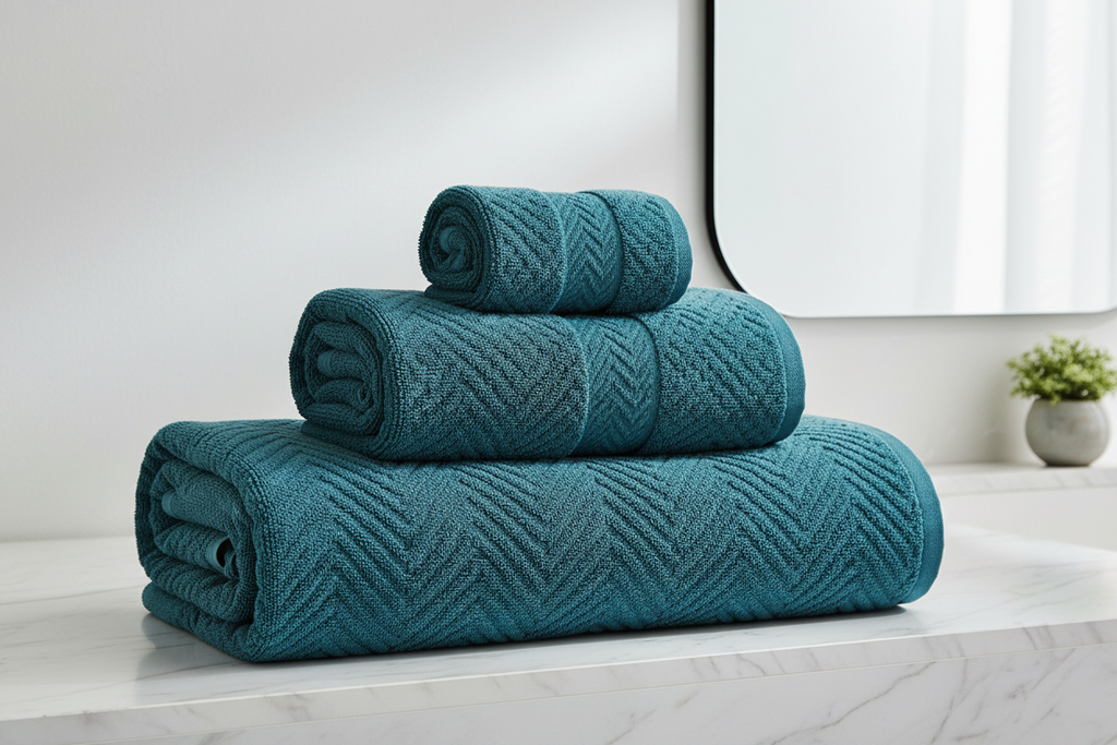 Oversized geometric bath sheets set of 4 rolled and stacked on marble bathroom shelf