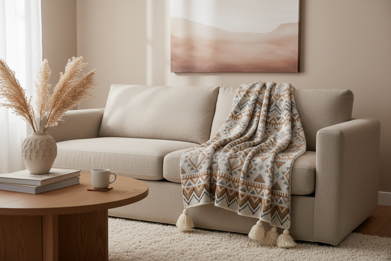 Boho Jacquard Tassel Throw draped over a neutral sofa in a cosy boho living room