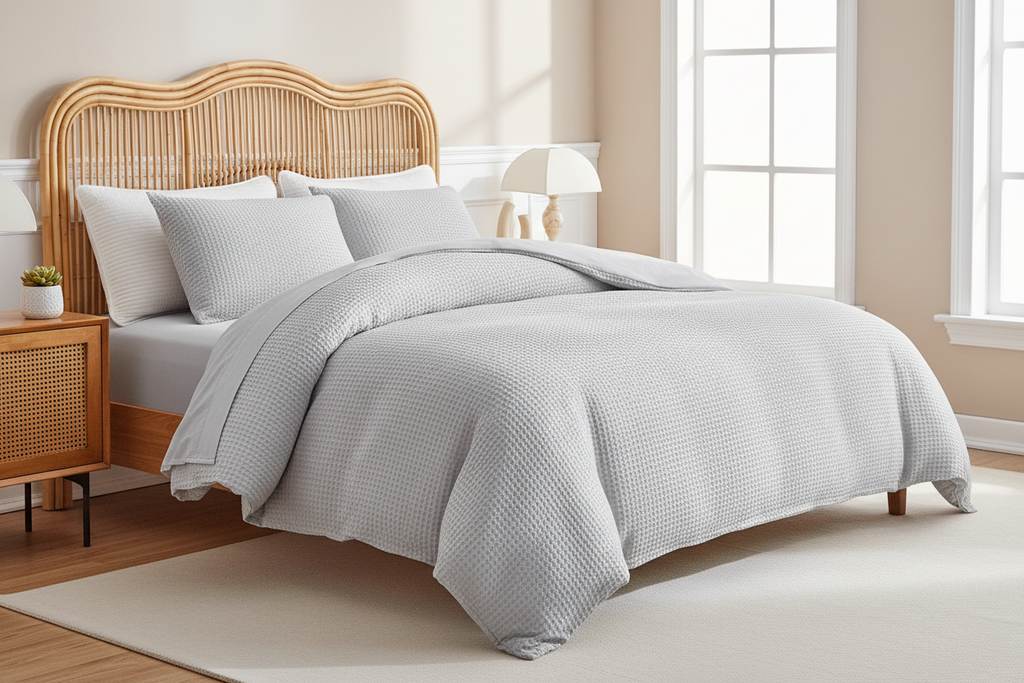 Angled shot of light grey waffle weave duvet set with cane bedside table, succulent and morning light