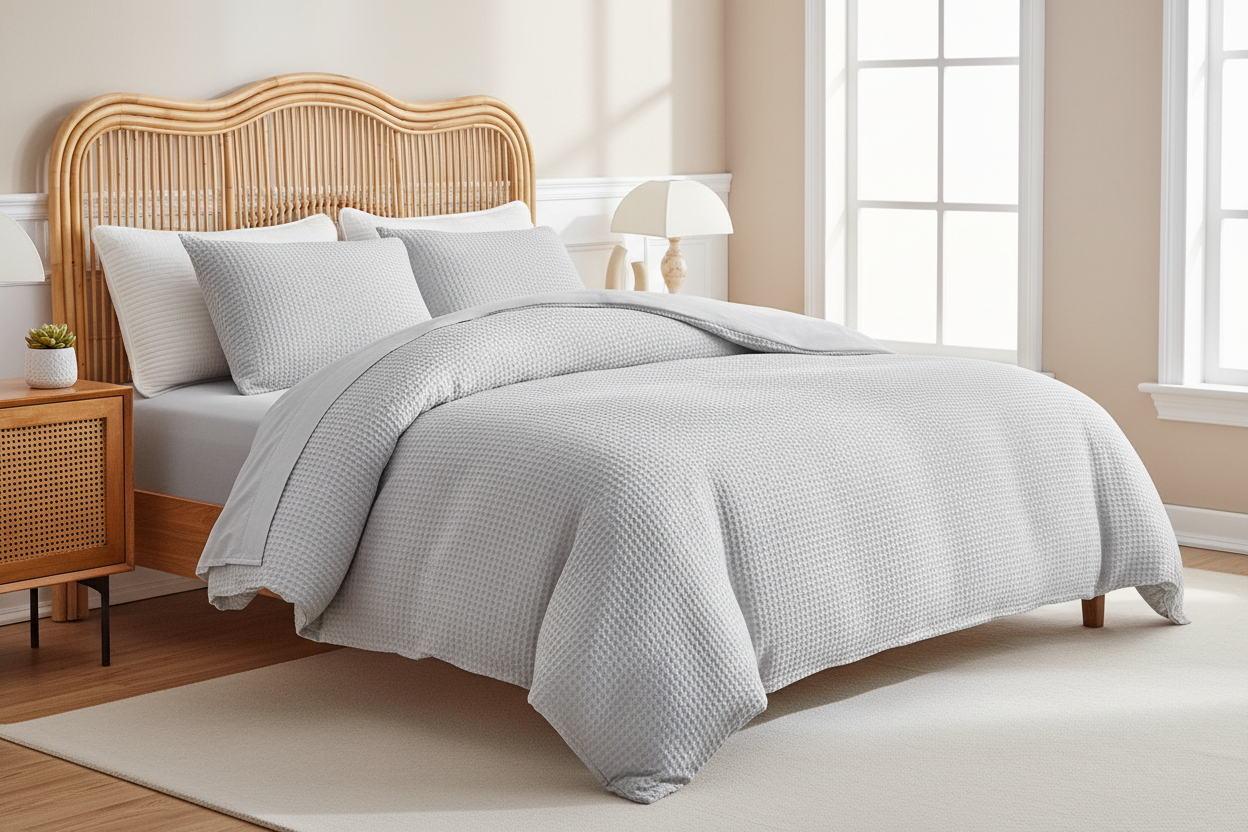 Angled shot of light grey waffle weave duvet set with cane bedside table, succulent and morning light