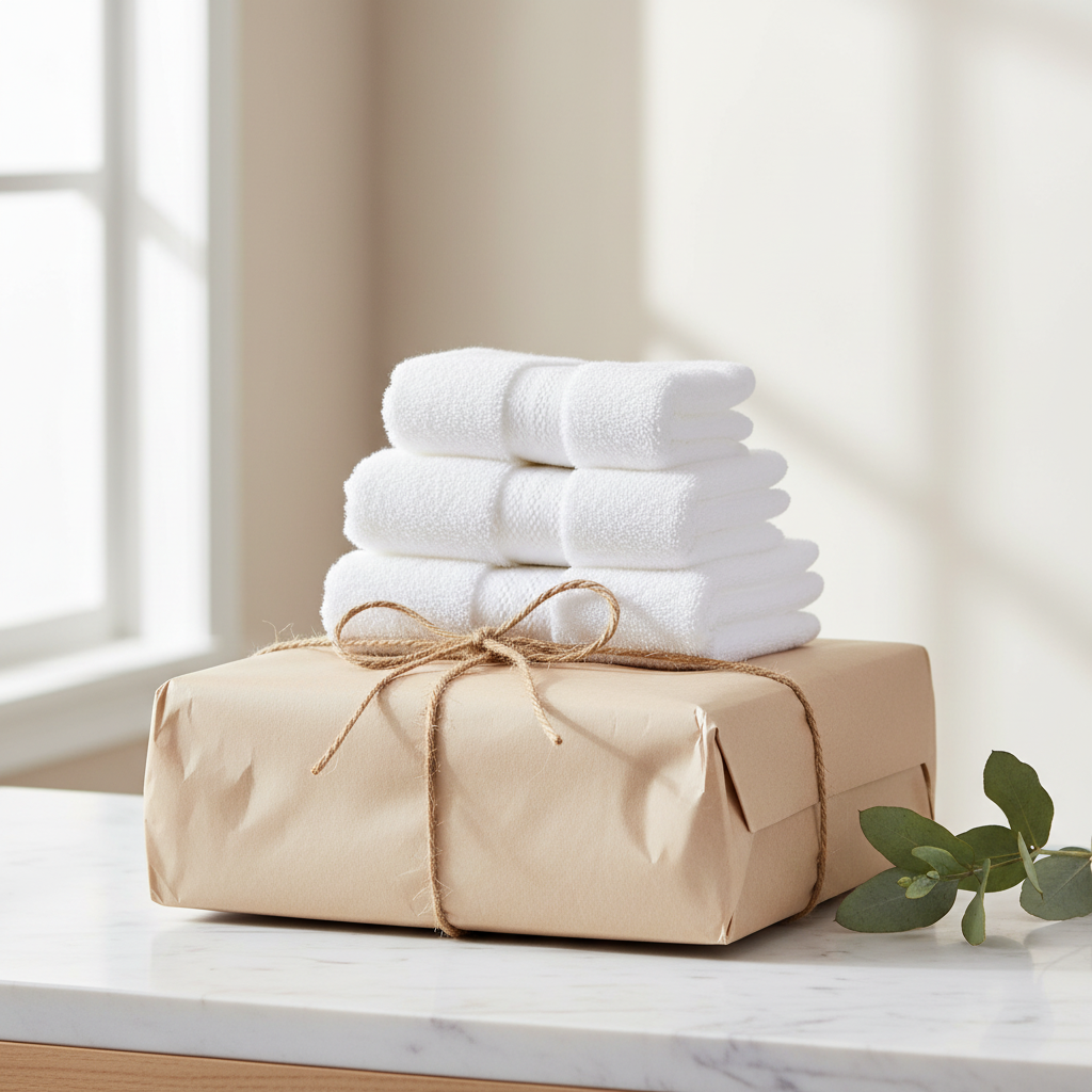 White organic cotton towel set wrapped as a gift in recyclable butter paper