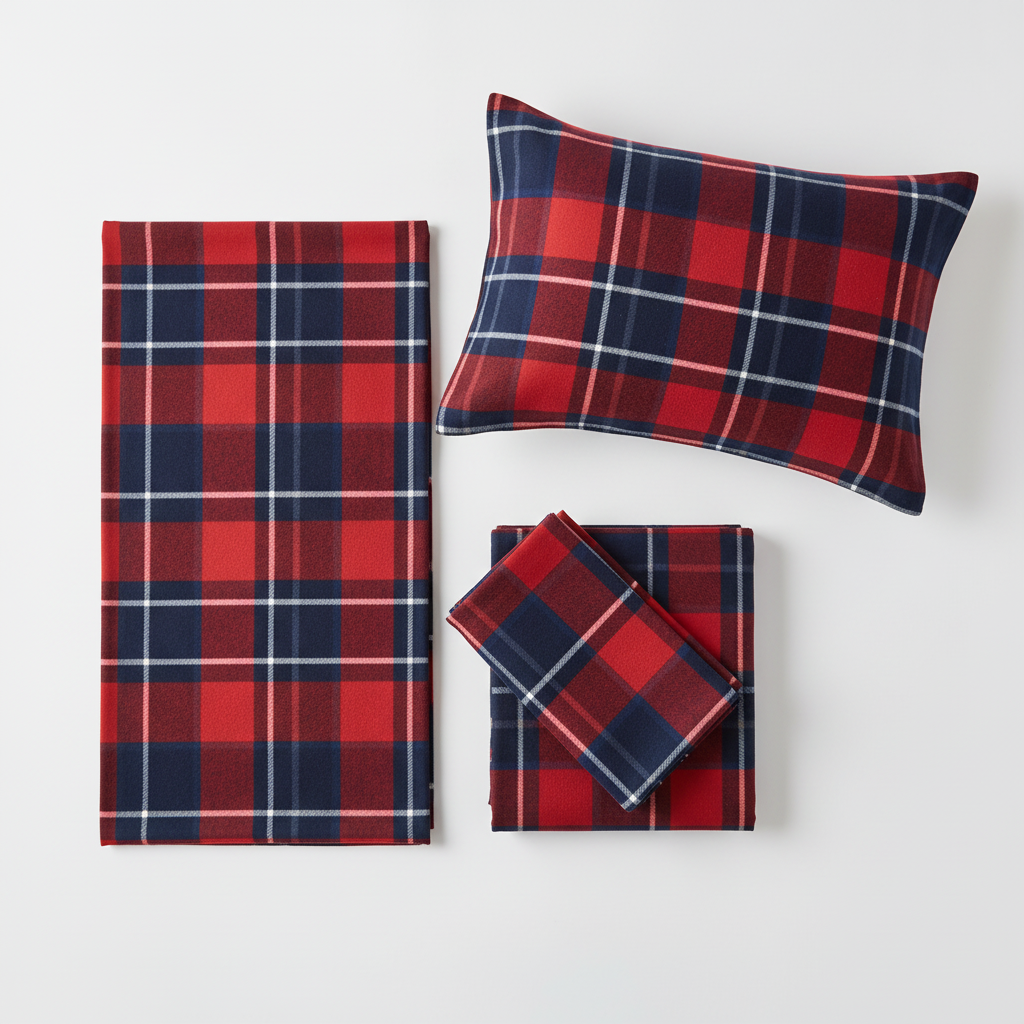 Cotton Flannel Twin Sheet Set Red Blue Plaid - flat lay all 3 pieces