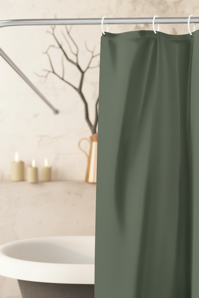 Close-up of solid olive green polyester shower curtain showing rich fabric colour and chrome grommets