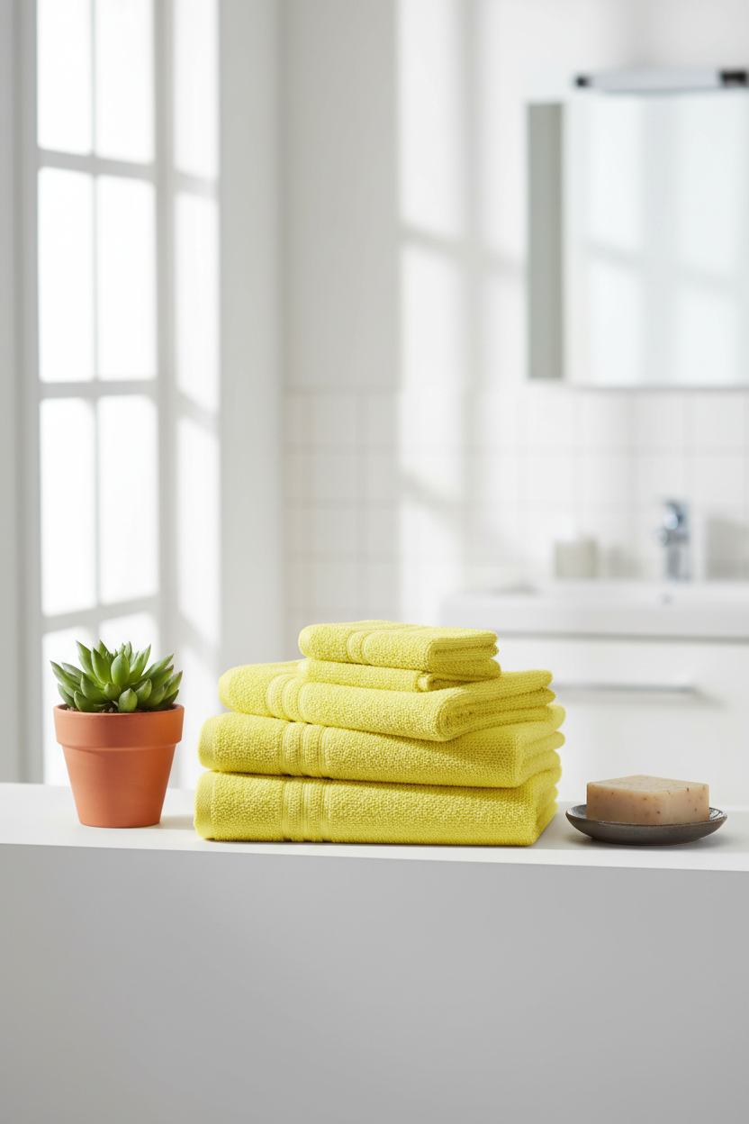 Four yellow cotton bath towels stacked on white bathroom shelf