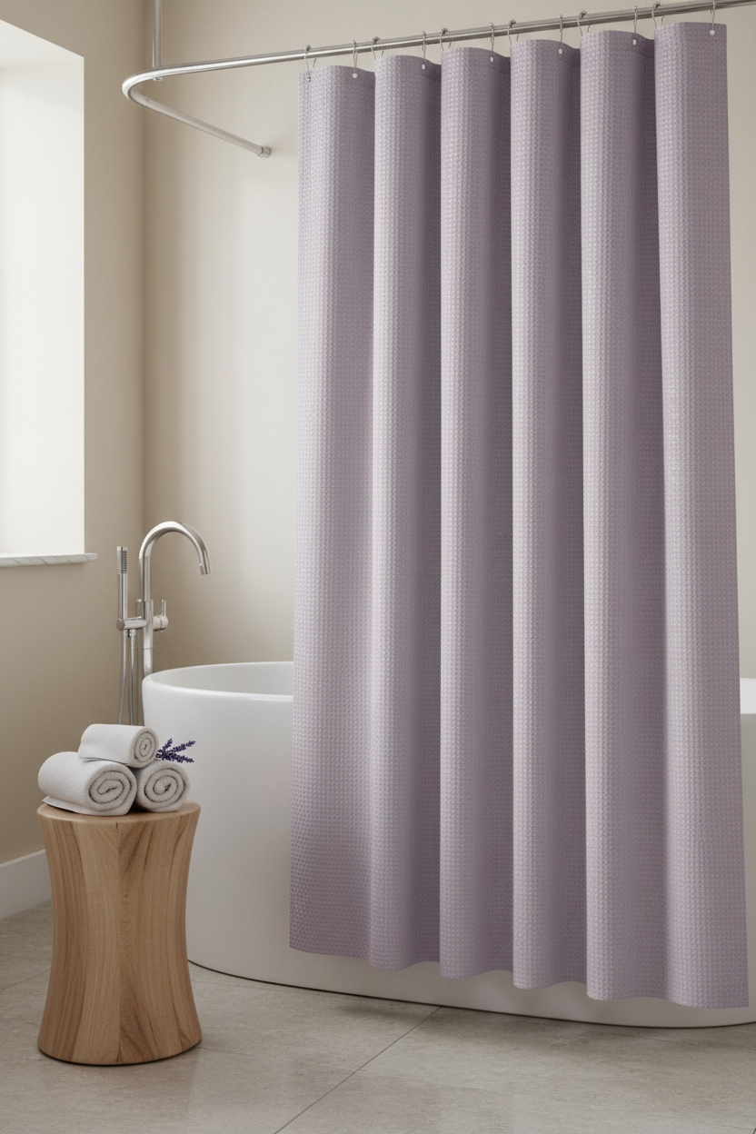 Dusty lavender honeycomb waffle shower curtain in hotel spa bathroom with freestanding bath and lavender sprig
