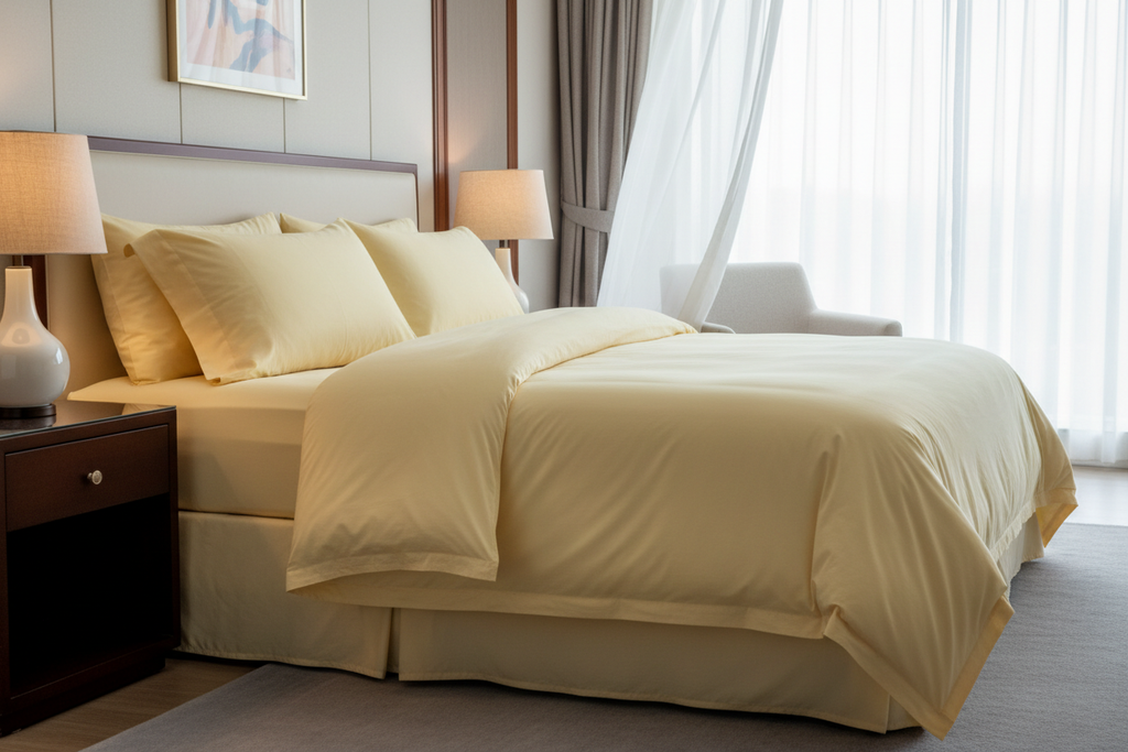 Mellow yellow microfiber king size bed sheet set on king bed