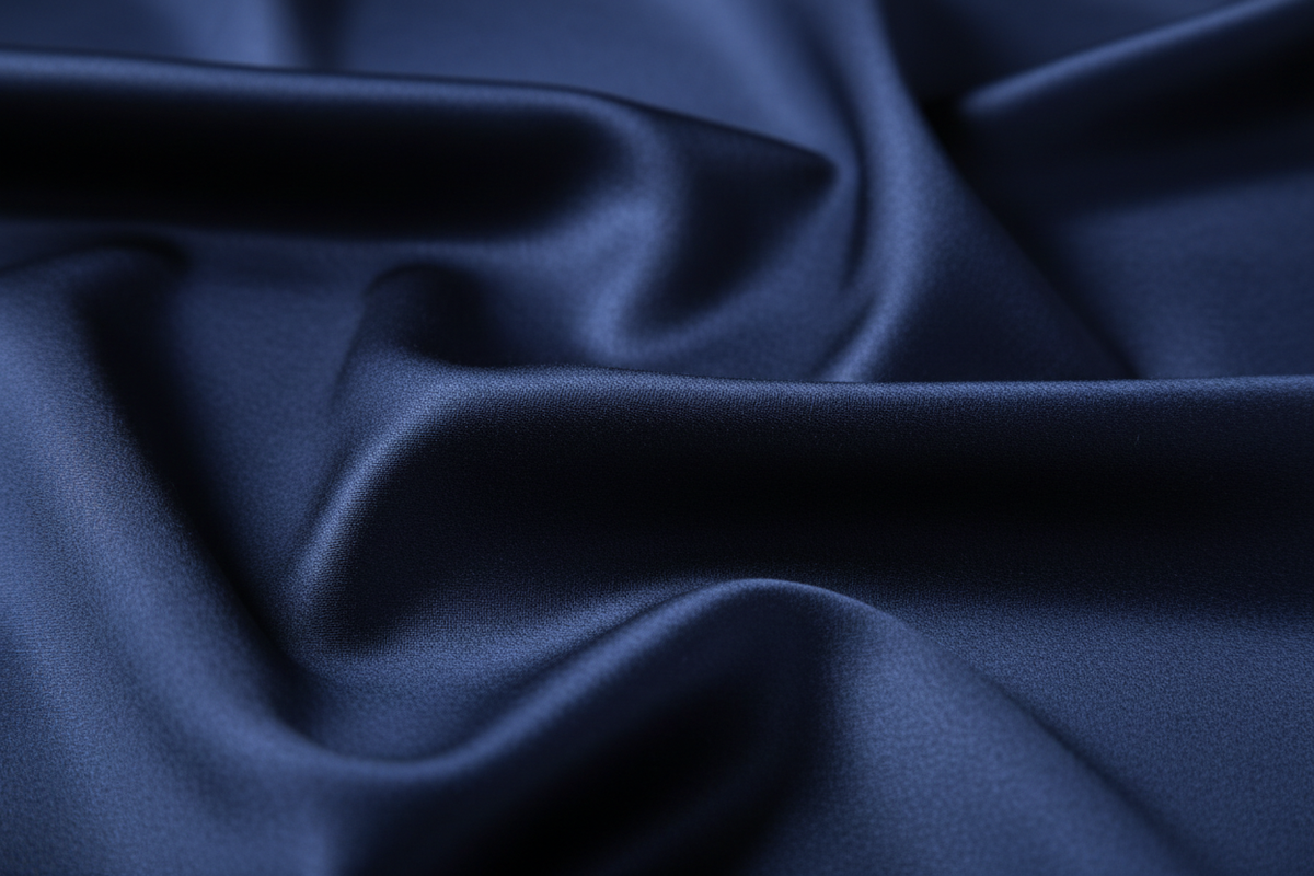 Close-up detail of navy blue satin fabric showing silky smooth texture and sheen