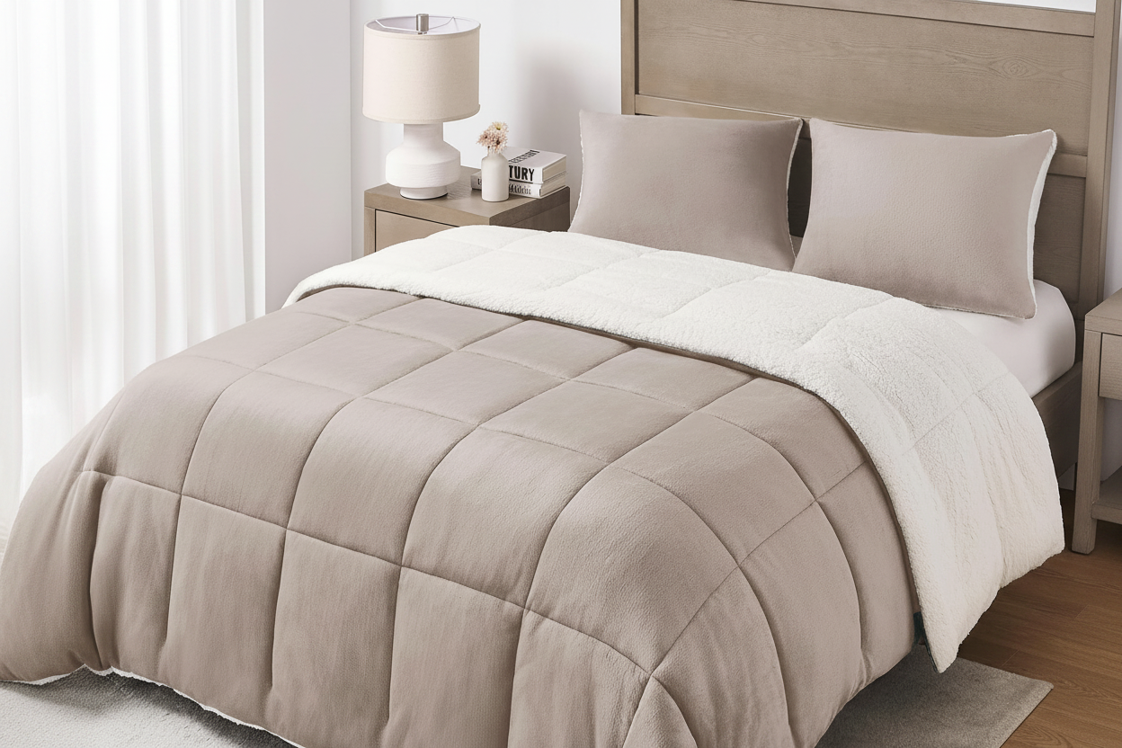 Sherpa sand comforter draped over bed edge showing both sand micromink front and plush cream sherpa reverse