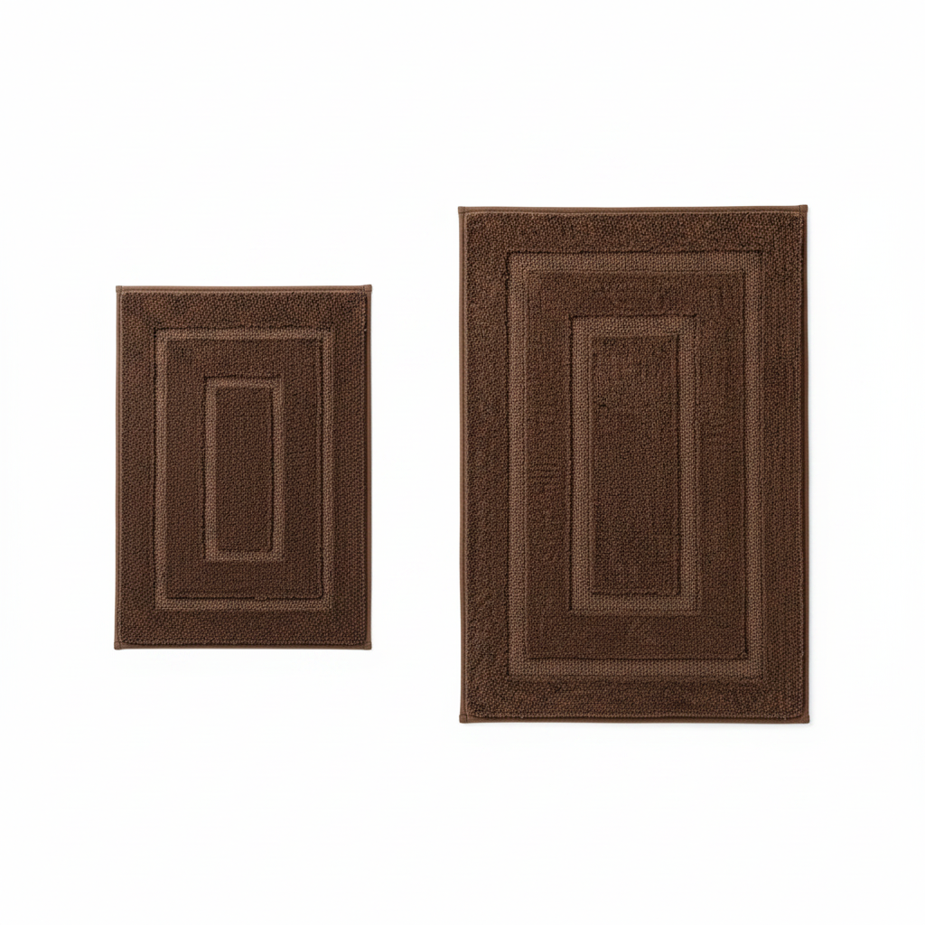 Brown bath rug set top-down flat lay showing both large and small rugs side by side
