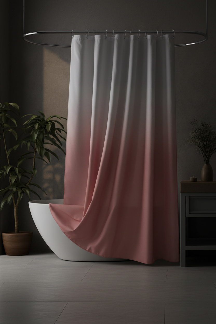 White to blush pink ombre shower curtain partially drawn showing weighted hem draping naturally in a moody concrete bathroom