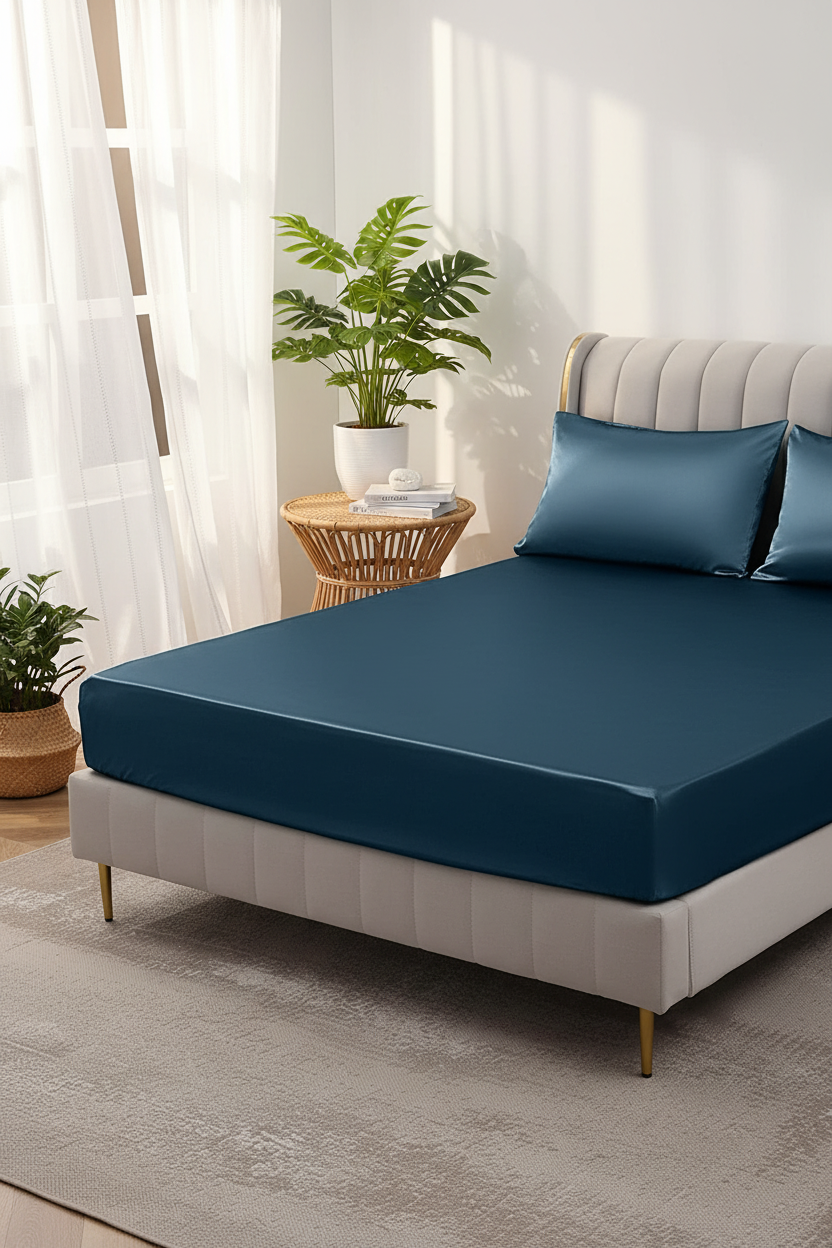 Deep sea blue satin fitted sheet in coastal airy bedroom