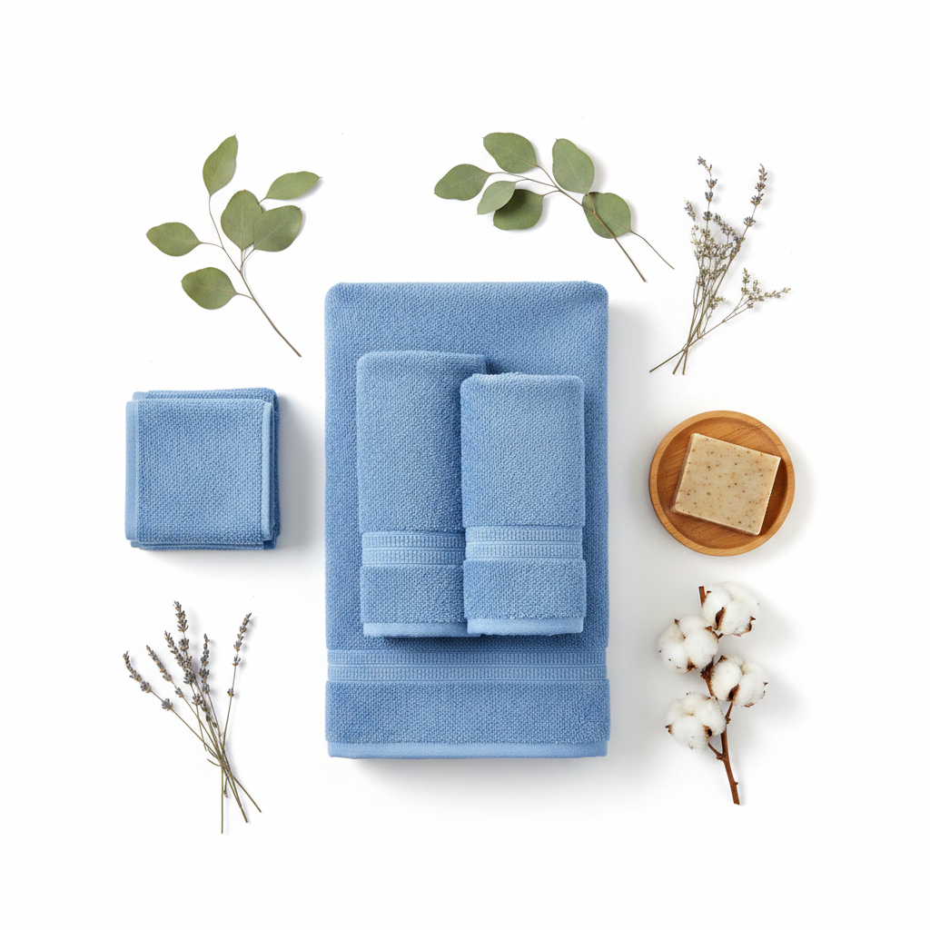 Sky blue organic cotton towel set flat lay with natural soap and botanicals