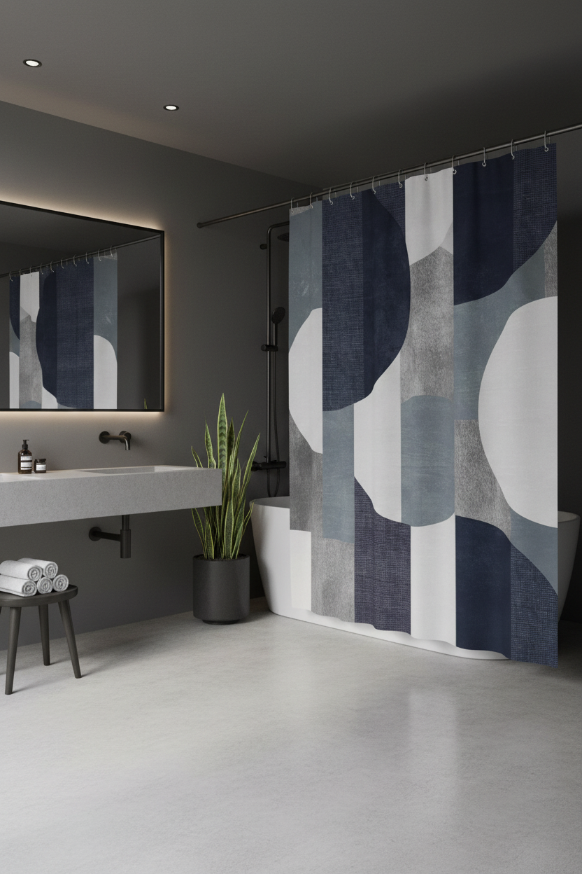 Luxury modern bathroom styled with navy geometric shower curtain, dark matte fixtures and architectural plant