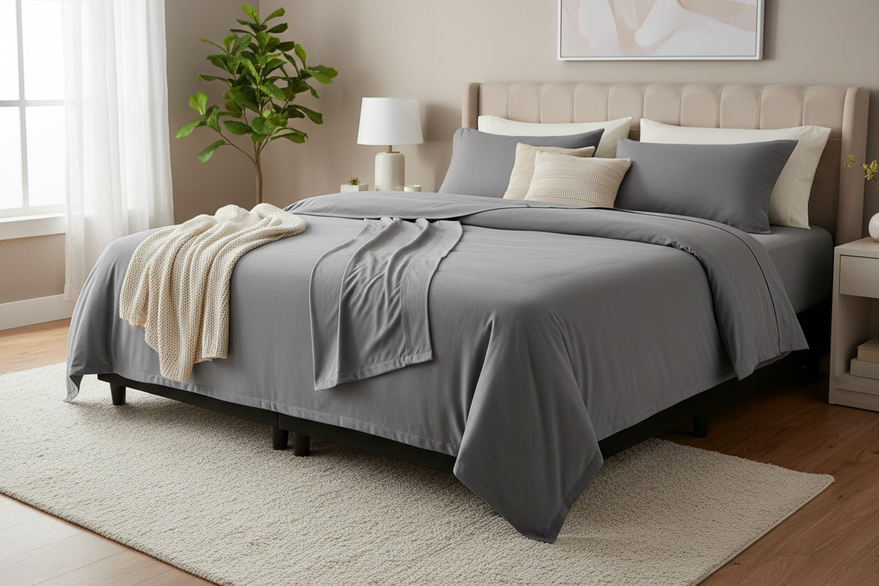 French gray extra deep split king sheet set on adjustable bed