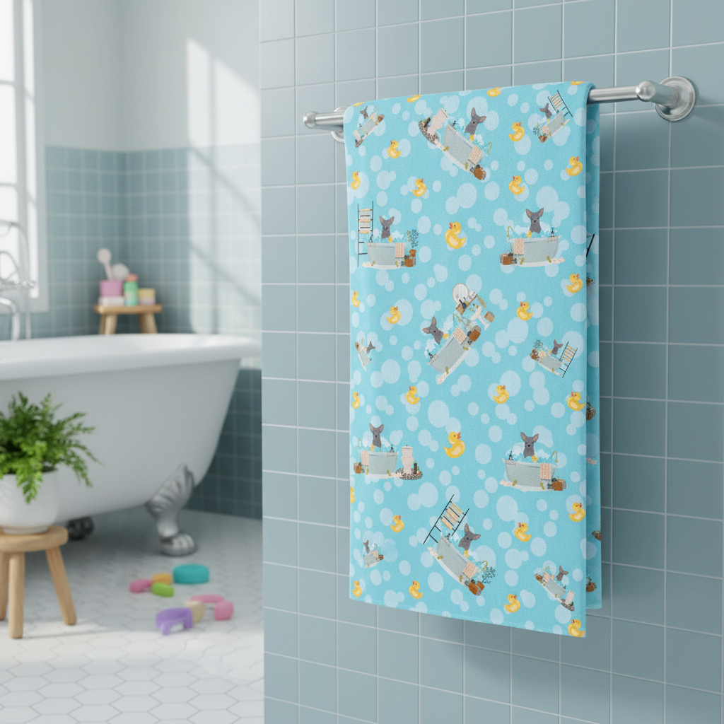 Blue Chihuahua bath towel draped over bathroom towel rail