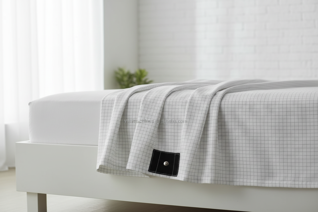 White grounding sheet draped over bed edge showing fabric texture and grid weave detail