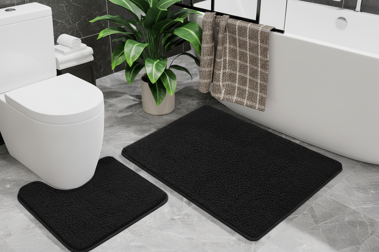 Black Chenille Bath Rug Set - Monochrome Bathroom