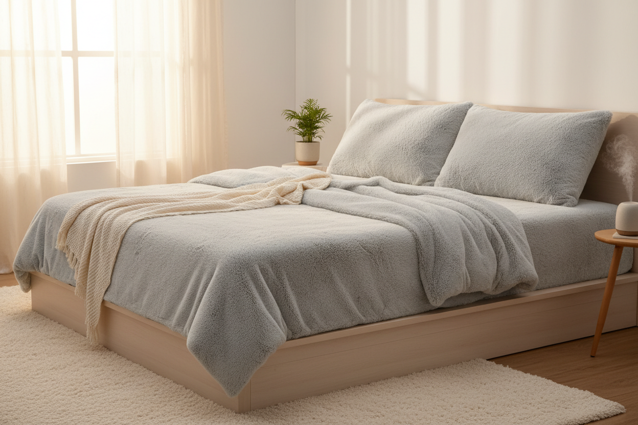 Light grey faux fur sheet set on a neatly made bed, side angle view with warm morning light