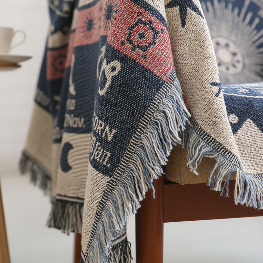 Close-up of Constellation Nordic Knitted Throw Blanket showing zodiac pattern and fringe detail