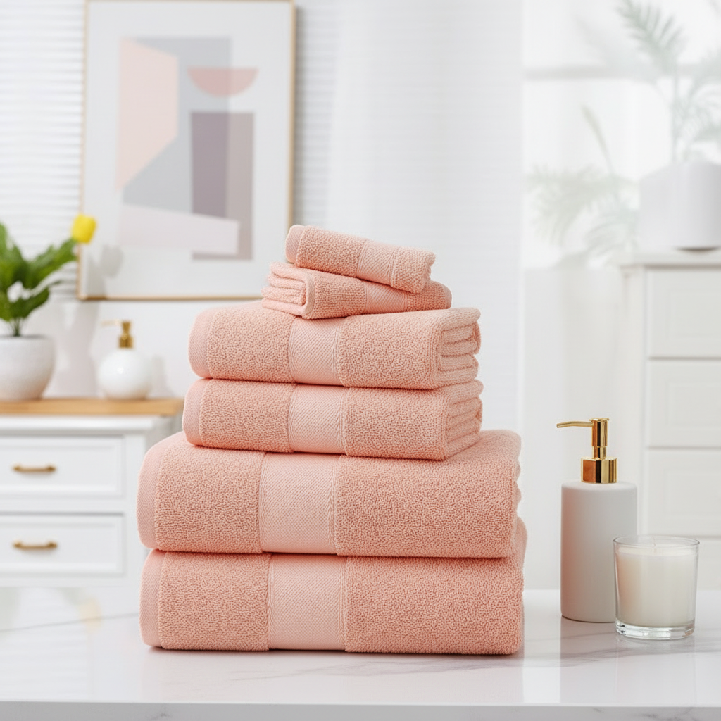 Blush pink cotton towel set on bathroom countertop