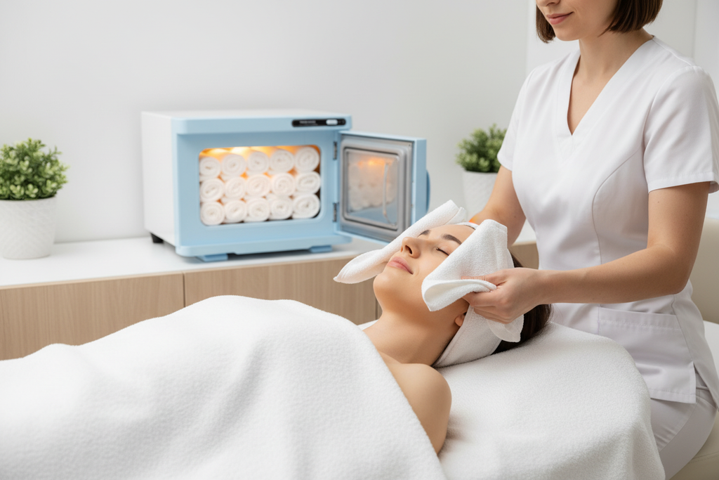 8L blue hot towel warmer cabinet - therapist applying warm towel during facial treatment