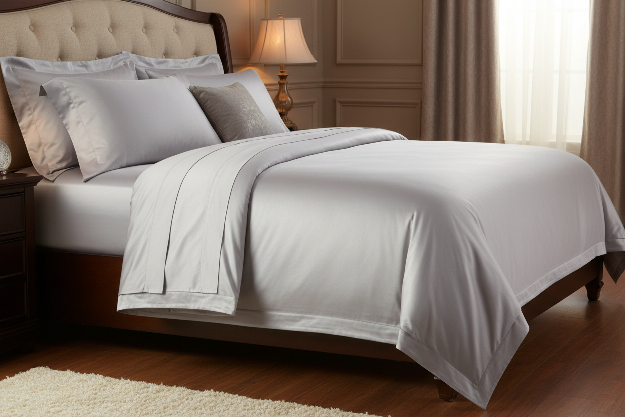 Silver Egyptian cotton sateen king sheet set side lifestyle angle showing lustrous sheen