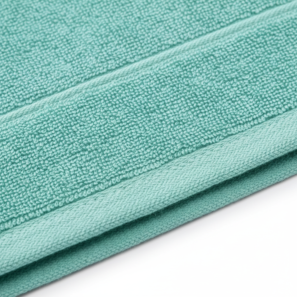 Close-up of aqua sky ring-spun cotton bath towel showing plush terry texture and double-stitched hem