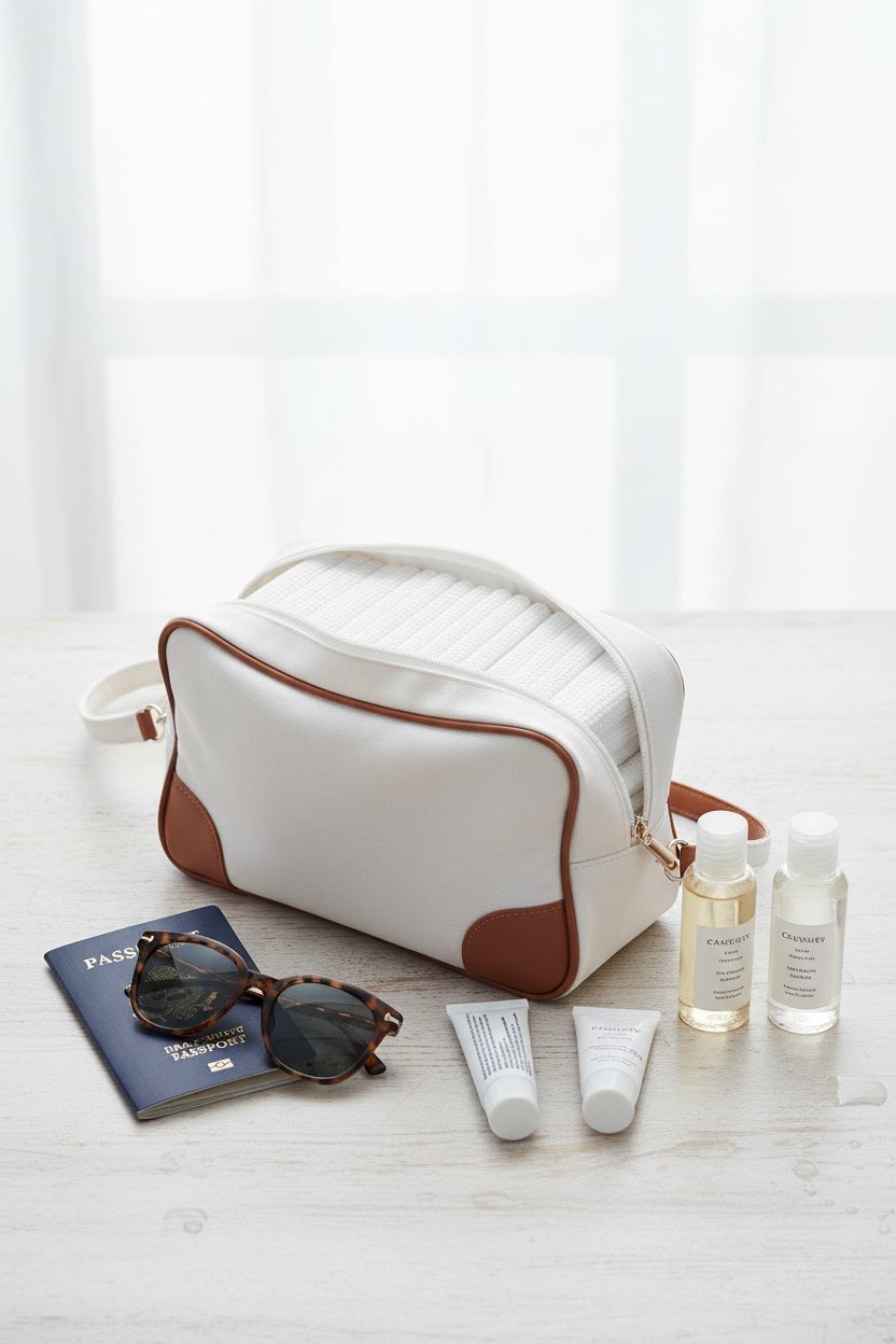 White disposable body towels in travel bag with passport and toiletries