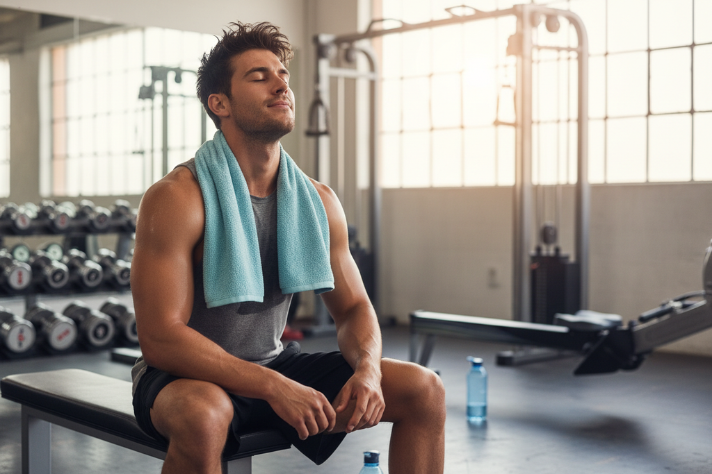 Macaron blue cooling towel - gym athlete cooling down after workout