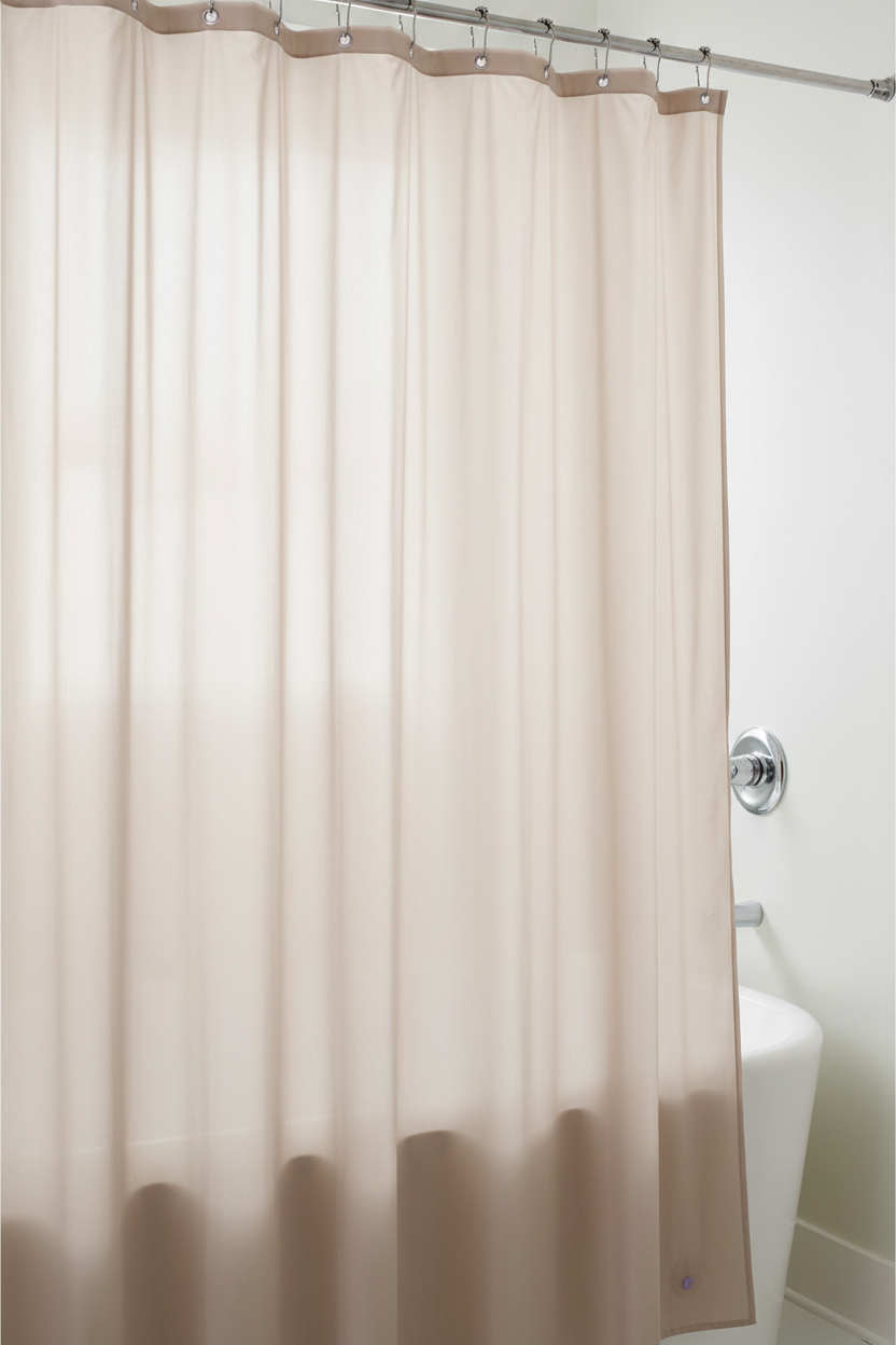 Taupe PVC shower curtain liner diffusing soft light in a clean white spa-like bathroom